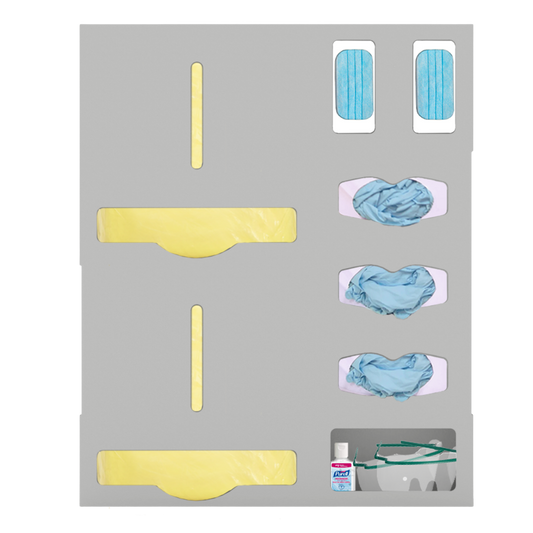 Beige, Double gown, triple glove, dual mask and misc compartment for organizing PPE. filled with PPE products