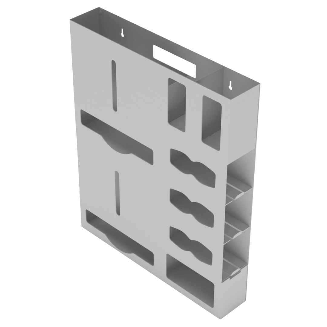 Protective Wear Organizer, Beige, ABS,  double gown, compartment dispenser,  front facing and angled slightly left, empty.  