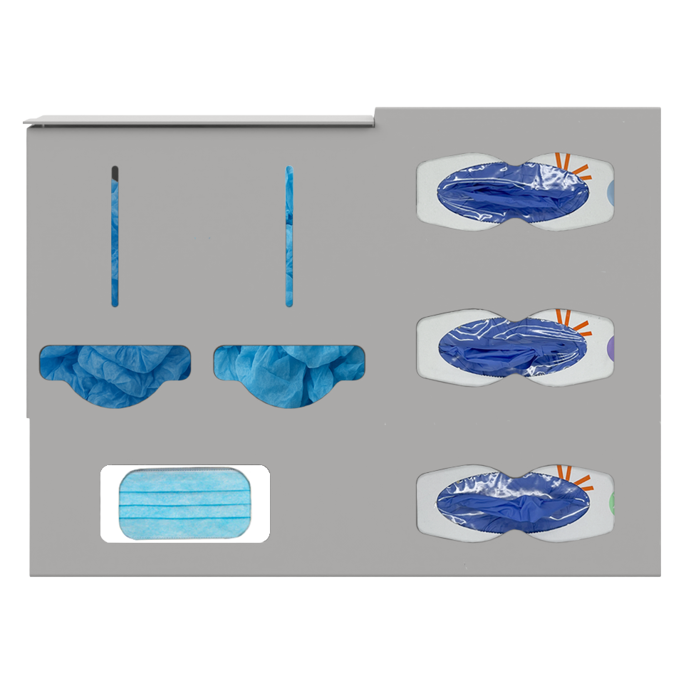 Protective Wear Organizer - Gownless, beige ABS plastic, wall mount, 6 compartments. Filled with bulk bouffants and booties/shoe covers, 3 boxes of blue exam gloves in different sizes, and 1 box of blue earloop masks. Front facing.