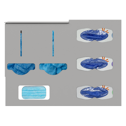 Protective Wear Organizer - Gownless, beige ABS plastic, wall mount, 6 compartments. Filled with bulk bouffants and booties/shoe covers, 3 boxes of blue exam gloves in different sizes, and 1 box of blue earloop masks. Front facing.