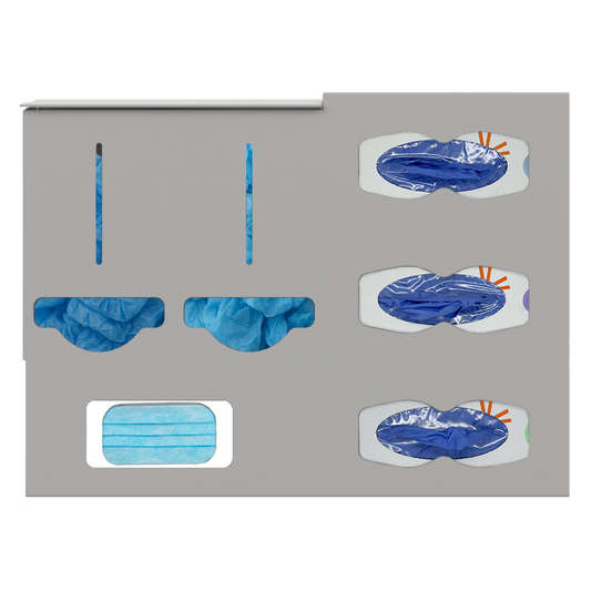 Protective Wear Organizer - Gownless, beige ABS plastic, wall mount, 6 compartments. Filled with bulk bouffants and booties/shoe covers, 3 boxes of blue exam gloves in different sizes, and 1 box of blue earloop masks. Front facing.