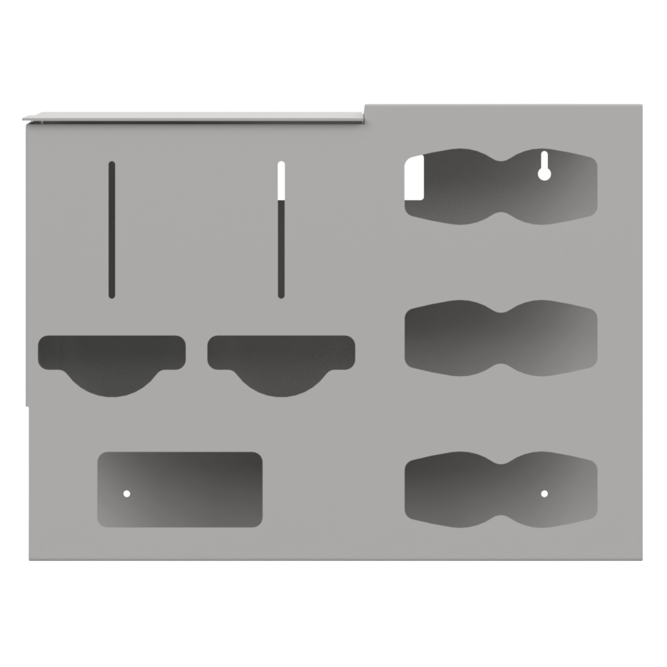 Protective Wear Organizer - Gownless, beige ABS plastic, wall mount, 6 compartments - 2 bulk, 3 glove with hourglass cutouts for dispensing, and 1 rectangular cutout for earloop masks. Front facing, empty