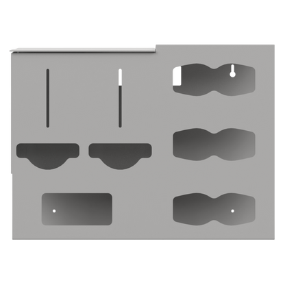 Protective Wear Organizer - Gownless, beige ABS plastic, wall mount, 6 compartments - 2 bulk, 3 glove with hourglass cutouts for dispensing, and 1 rectangular cutout for earloop masks. Front facing, empty