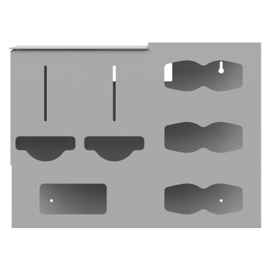 Protective Wear Organizer - Gownless, beige ABS plastic, wall mount, 6 compartments - 2 bulk, 3 glove with hourglass cutouts for dispensing, and 1 rectangular cutout for earloop masks. Front facing, empty