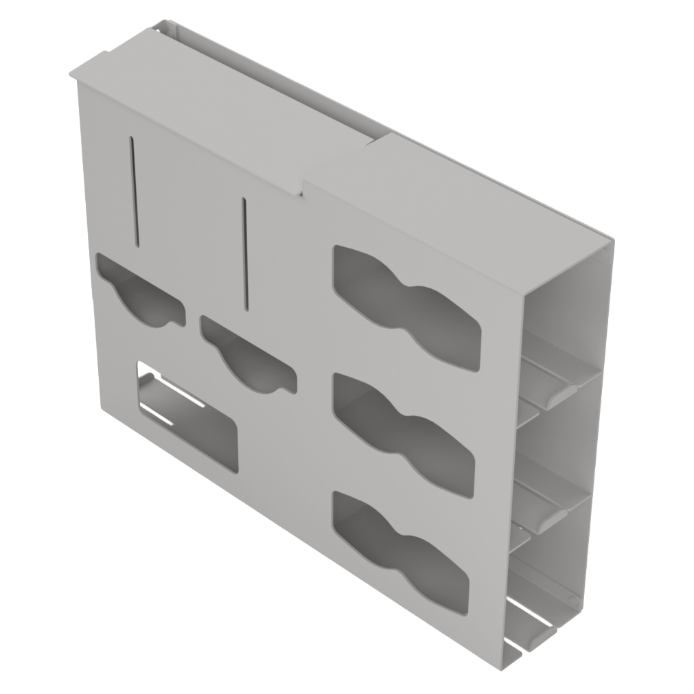 Protective Wear Organizer - Gownless, beige ABS plastic, wall mount, 6 compartments - 2 bulk, 3 glove with hourglass cutouts for dispensing, and 1 rectangular cutout for earloop masks. Front facing slightly angled left, empty