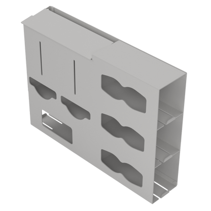 Protective Wear Organizer - Gownless, beige ABS plastic, wall mount, 6 compartments - 2 bulk, 3 glove with hourglass cutouts for dispensing, and 1 rectangular cutout for earloop masks. Front facing slightly angled left, empty