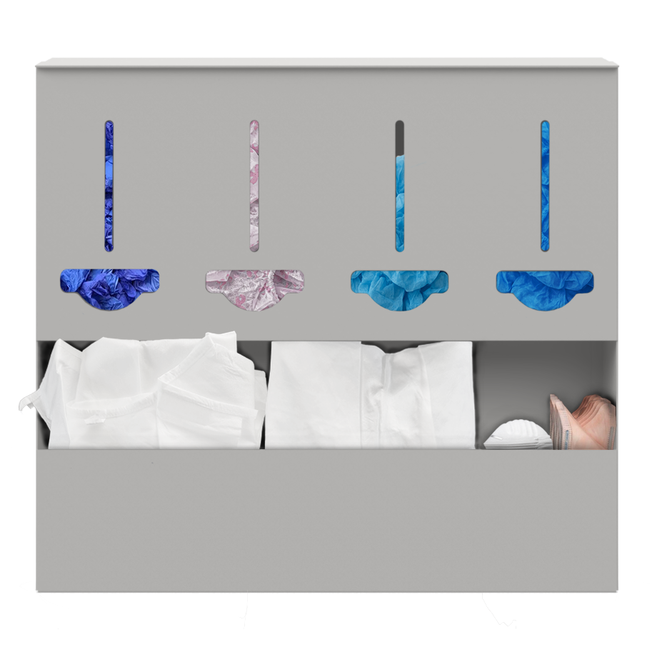 Extra large multicompartment square, beige PPE organizer with 4 bulk compartments on top filled with shoe covers and hair covers. A large opening on the bottom holding white jumpsuits and various N-95 masks. front facing.