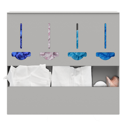 Extra large multicompartment square, beige PPE organizer with 4 bulk compartments on top filled with shoe covers and hair covers. A large opening on the bottom holding white jumpsuits and various N-95 masks. front facing.