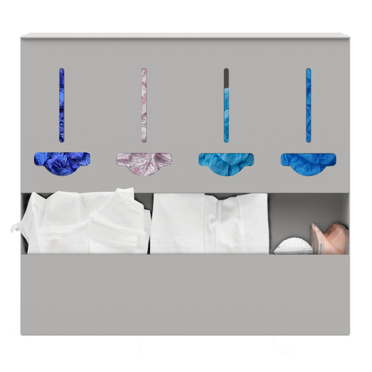 Extra large multicompartment square, beige PPE organizer with 4 bulk compartments on top filled with shoe covers and hair covers. A large opening on the bottom holding white jumpsuits and various N-95 masks. front facing.