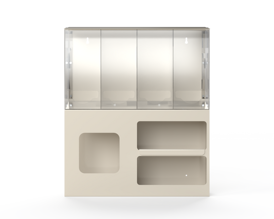 EXtra large, Wall Organizer with 4 clear bulk compartments with lids on the top and 1 bottom left area for jumpsuits or gowns and 1 bottom right are with shelf to hold masks, gloves or other misc items. Empty, facing front 