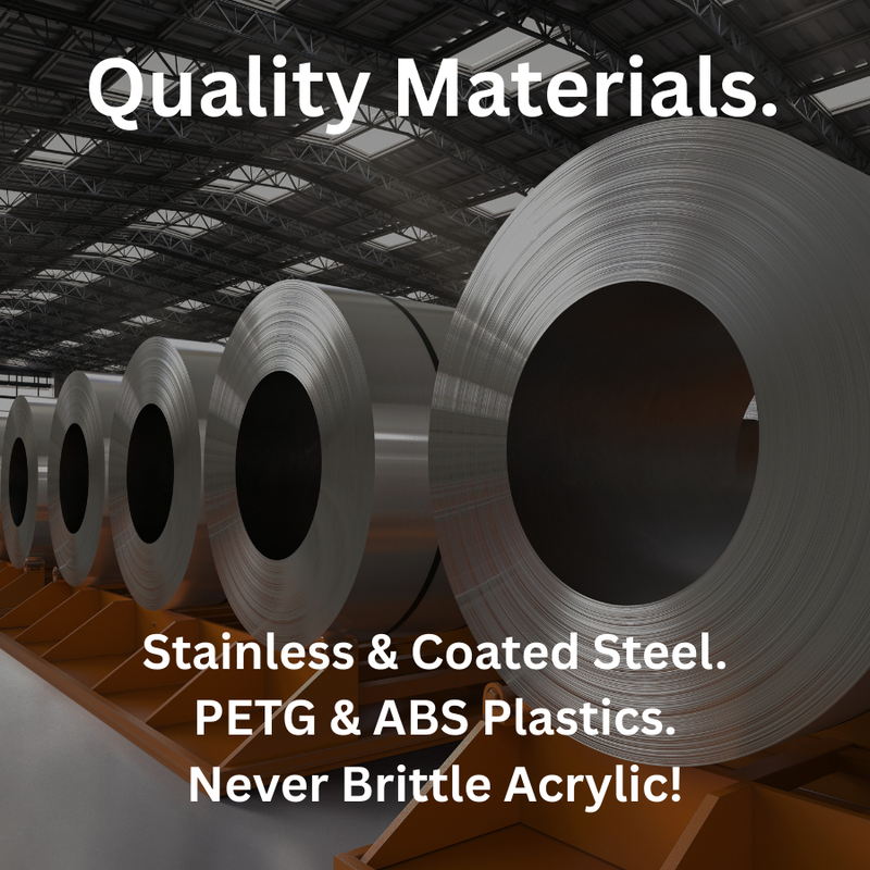 Rolls of stainless and coated steel with text highlighting material types in a warehouse setting.
