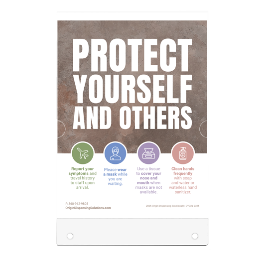 CLEAR flat plastic sign holder with poster inside. Poster with 'Protect Yourself and Others message and preventive guidelines on a dark background