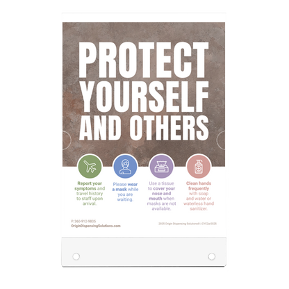 CLEAR flat plastic sign holder with poster inside. Poster with 'Protect Yourself and Others message and preventive guidelines on a dark background