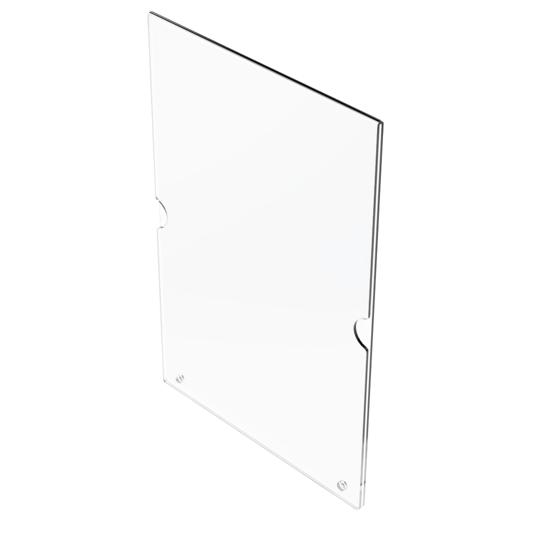 Clear, flat plastic sign holder 8-1/2 x 11" with 2 screw holes for wall mounting, shown at an angle
