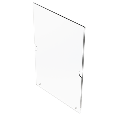 Clear, flat plastic sign holder 8-1/2 x 11" with 2 screw holes for wall mounting, shown at an angle