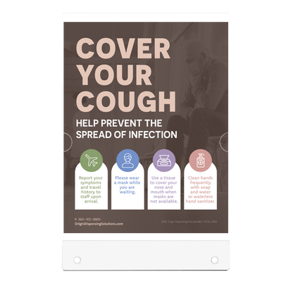 CLEAR flat plastic sign holder with poster inside. Poster with 'Cover Your Cough' message and preventive guidelines on a dark background
