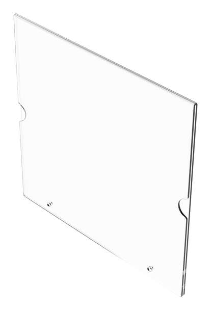 Clear, PETG sign holder, front facing angled slightly left. empty.