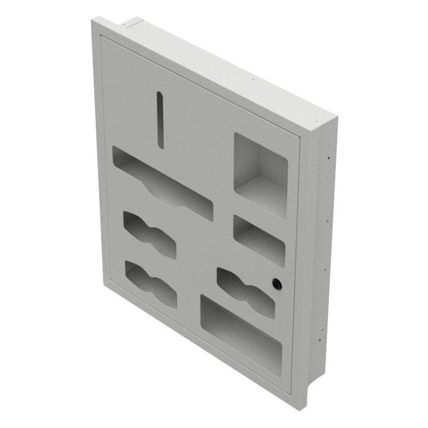 Beige-grey, metal, recessed cabinet, with cutout dispensing holes for gowns, gloves, masks and misc. supplies.  Shown empty.
