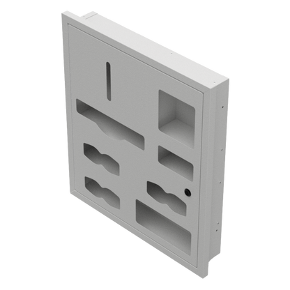 Beige-grey, metal, recessed cabinet, with cutout dispensing holes for gowns, gloves, masks and misc. supplies.  Shown empty.