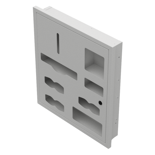 Beige-grey, metal, recessed cabinet, with cutout dispensing holes for gowns, gloves, masks and misc. supplies.  Shown empty.