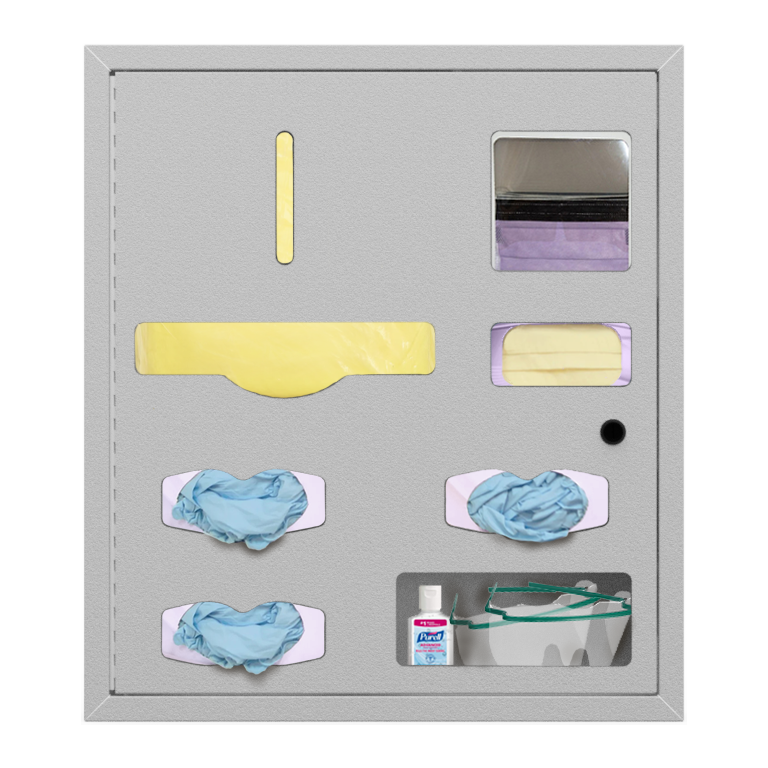 Beige-grey, metal, recessed cabinet, with cutout dispensing holes for gowns, gloves, masks and misc. supplies. shown inside the cutouts.