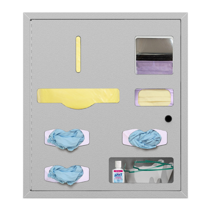 Beige-grey, metal, recessed cabinet, with cutout dispensing holes for gowns, gloves, masks and misc. supplies. shown inside the cutouts.