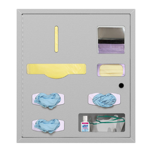 Beige-grey, metal, recessed cabinet, with cutout dispensing holes for gowns, gloves, masks and misc. supplies. shown inside the cutouts.