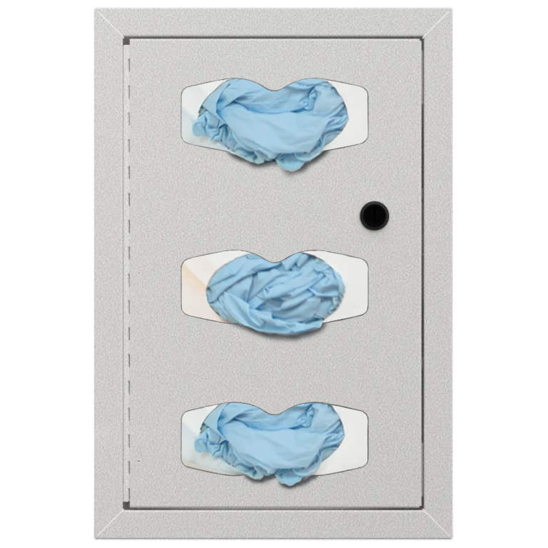 cabinet for glove boxes 3 blue gloves showing through an hourglass cutout