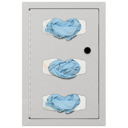 cabinet for glove boxes 3 blue gloves showing through an hourglass cutout