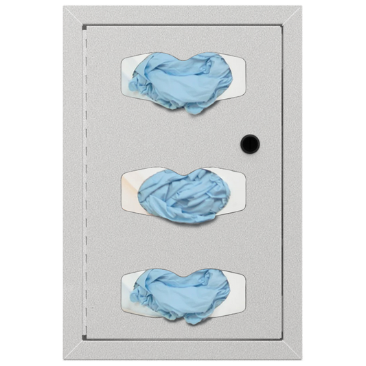 cabinet for glove boxes 3 blue gloves showing through an hourglass cutout