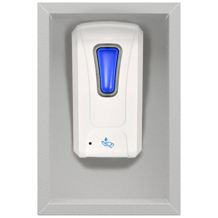 Vertical, rectangular, beige, metal, wall well, shown holding a generic hand sanitizer large volume dispenser. 