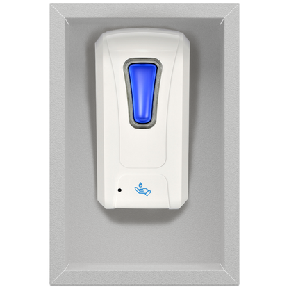 Vertical, rectangular, beige, metal, wall well, shown holding a generic hand sanitizer large volume dispenser. 