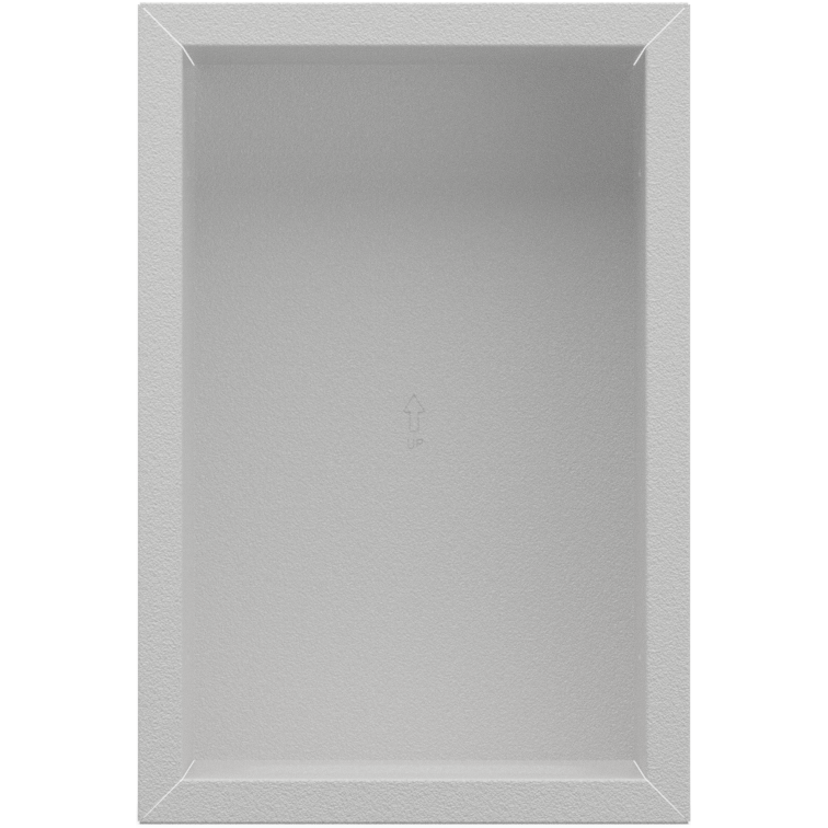 Vertical, rectangular, beige, metal, wall well, shown front facing, empty. 