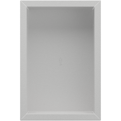 Vertical, rectangular, beige, metal, wall well, shown front facing, empty. 