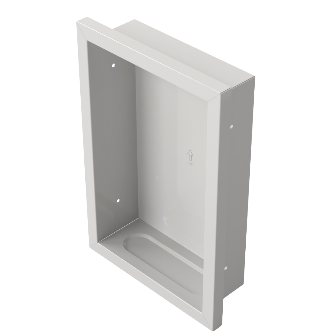 Vertical, rectangular, beige, metal, wall well, shown front facing slightly angled left and viewing well for catching over dispensing or drips, empty. 