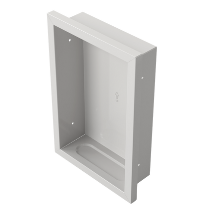 Vertical, rectangular, beige, metal, wall well, shown front facing slightly angled left and viewing well for catching over dispensing or drips, empty. 