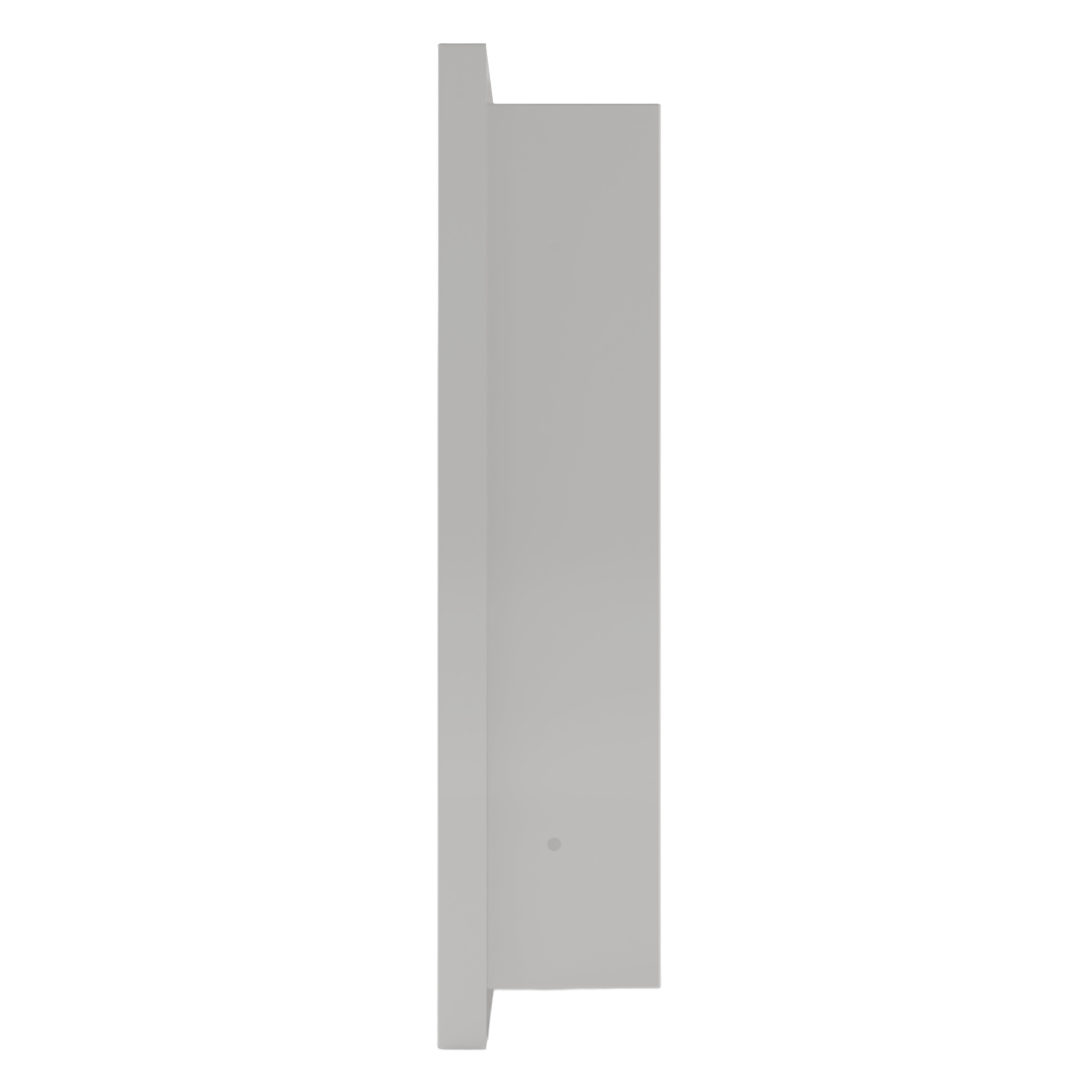 Vertical, rectangular, beige, metal, wall well, shown from right side, empty. 
