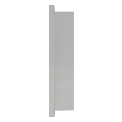 Vertical, rectangular, beige, metal, wall well, shown from right side, empty. 