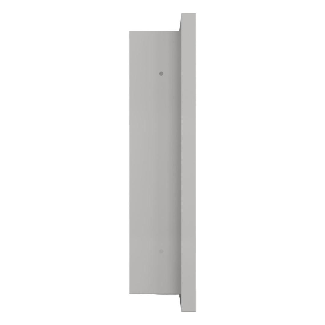 Vertical, rectangular, beige, metal, wall well, shown from left side, empty. 