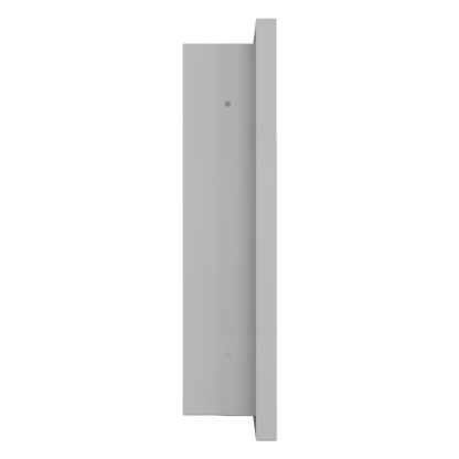 Vertical, rectangular, beige, metal, wall well, shown from left side, empty. 