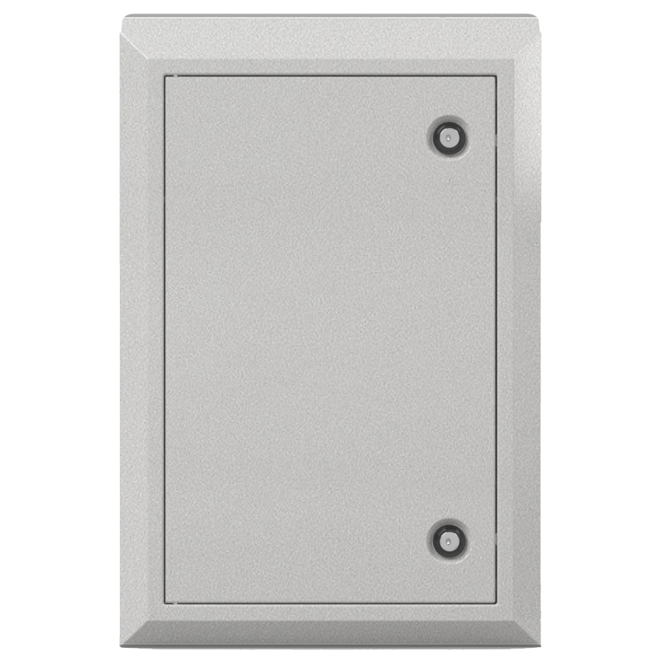 Semi-recessed cabinet, Beige Steel, closed, doored metal cabinet. dual lock. front facing angled slightly left.