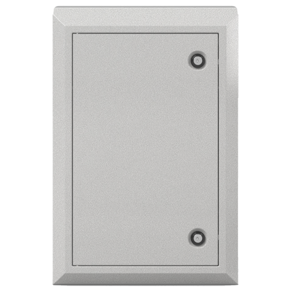 Semi-recessed cabinet, Beige Steel, closed, doored metal cabinet. dual lock. front facing angled slightly left.