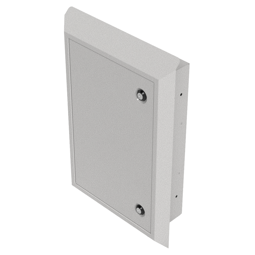 Semi-recessed cabinet, Beige Steel, closed, doored metal cabinet. dual lock. front facing angled slightly left.