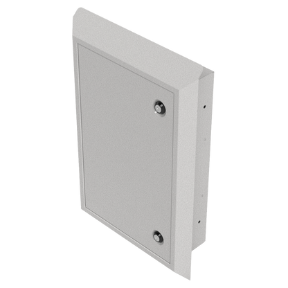Semi-recessed cabinet, Beige Steel, closed, doored metal cabinet. dual lock. front facing angled slightly left.