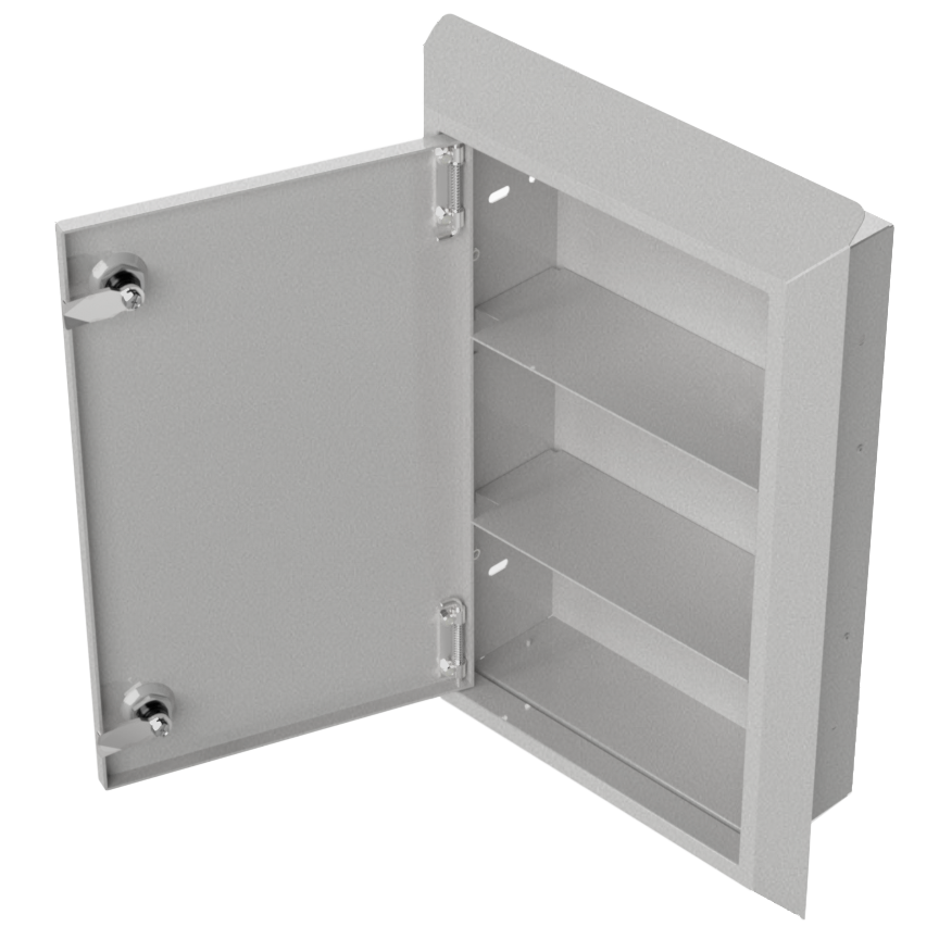 Semi-recessed cabinet, Beige Steel, doored metal cabinet. dual lock, door open and 3 shelves. front facing, angled slightly left.