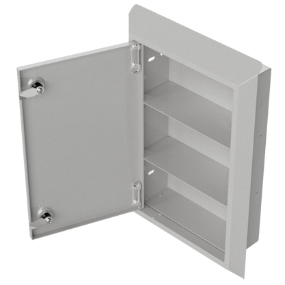 Semi-recessed cabinet, Beige Steel, doored metal cabinet. dual lock, door open and 3 shelves. front facing, angled slightly left.